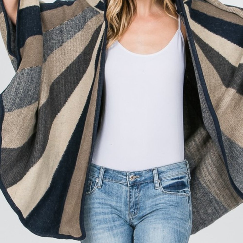 Sunburst Swing Striped Poncho Boho Hooded Jacket - Picture 4 of 12